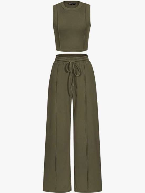 PrettyGarden Pants - Wide-Leg Drawstring Pants in Olive Green